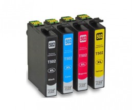 4 Cartuchos de Tinta Compatibles, Epson T02W1 - T02W4 / 502XL Negro 9.2ml + Colores 6.4ml