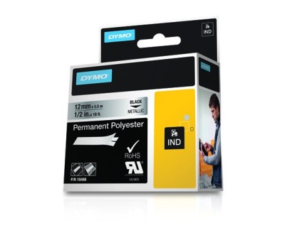 Cinta Original DYMO 18486 12mm x 5.5m Texto Negro sobre Fondo Plata