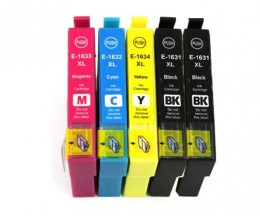 5 Cartuchos de tinta Compatibles, Epson T1631-T1634 / 16 XL Negro 17ml + Colores 11.6ml