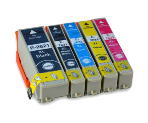 5 Cartuchos de tinta Compatibles, Epson T2621 / 26 XL Negro 26ml + T2631-T2634 Colores 13ml