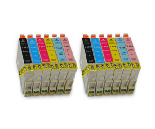 12 Cartuchos de tinta Compatibles, Epson T0481-T0486 Negro 18ml + Colores 18ml
