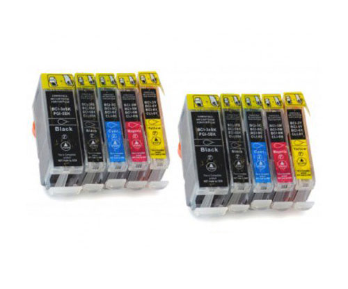 10 Cartuchos de tinta Compatibles, Canon BCI-3 / BCI-6 / BCI-5 Negro 26.8ml + Colores 13.4ml