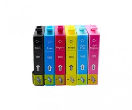 6 Cartuchos de tinta Compatibles, Epson T0801-T0806 Negro 13ml + Colores 13ml