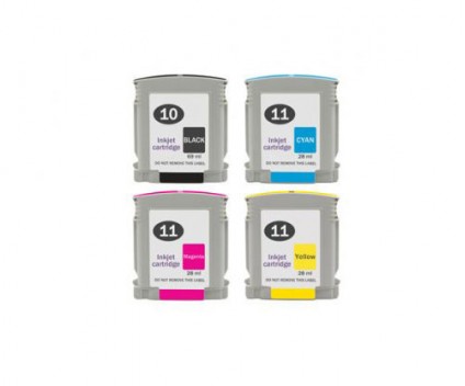 4 Cartuchos de Tinta Compatibles, HP 10 Negro + HP 11 Colores 28ml