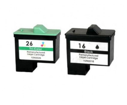 2 Cartuchos de tinta Compatibles, Lexmark 26 / 27 Colores 12ml + Lexmark 16 / 17 Negro 15ml
