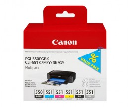 6 Cartuchos de tinta Originales, Canon PGI-550 / CLI-551 Negro 15ml + Colores 7ml