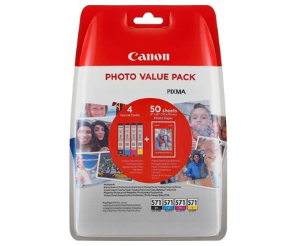 4 Cartuchos de tinta Originales, Canon CLI-571 C / M / Y / PBK + Papel Foto