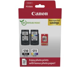 2 Cartuchos de tinta Originales, Canon PG-510 / CL-511 Negro 9ml + Colores 9ml + Papel Foto