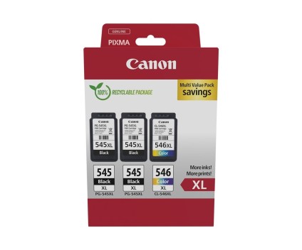 3 Cartuchos de tinta Originales, 2 Canon PG-545 XL Negro 15ml + 1 CL-546 XL Negro 15ml + Colores 13ml