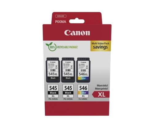 3 Cartuchos de tinta Originales, 2 Canon PG-545 XL Negro 15ml + 1 CL-546 XL Negro 15ml + Colores 13ml