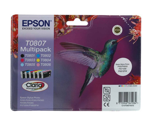 6 Cartuchos de tinta Originales, Epson T0807 / T0801-T0806 Negro 7.4ml + Colores 7.2ml
