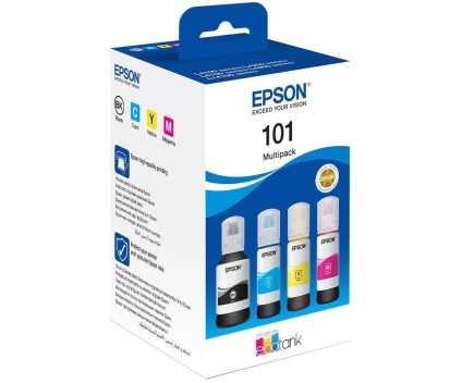 4 Cartuchos de Tinta, Original Epson T03V6 / 101 Negro 127ml + Colores 70ml
