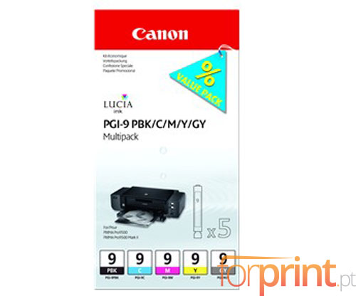 5 Cartuchos de tinta Originales, Canon PGI-9 PBK / C / M / Y / GY 14ml